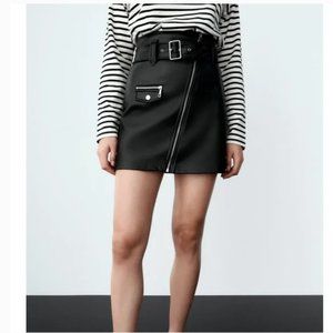 NWT Zara faux leather black mini bodycon skirt zippers belt pockets
